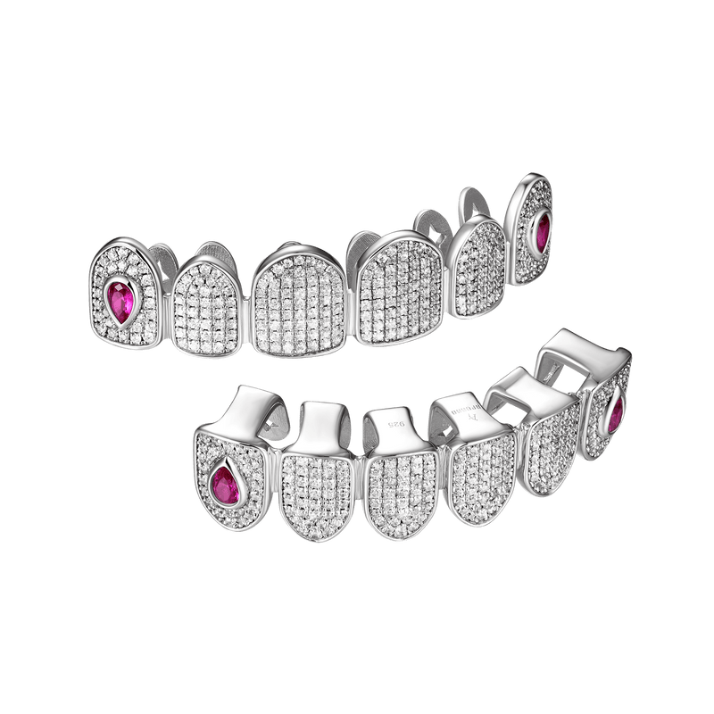 Pre-made Six Teeth Iced Water Drop Grillz - Iced-out White Gold Grillz - APORRO