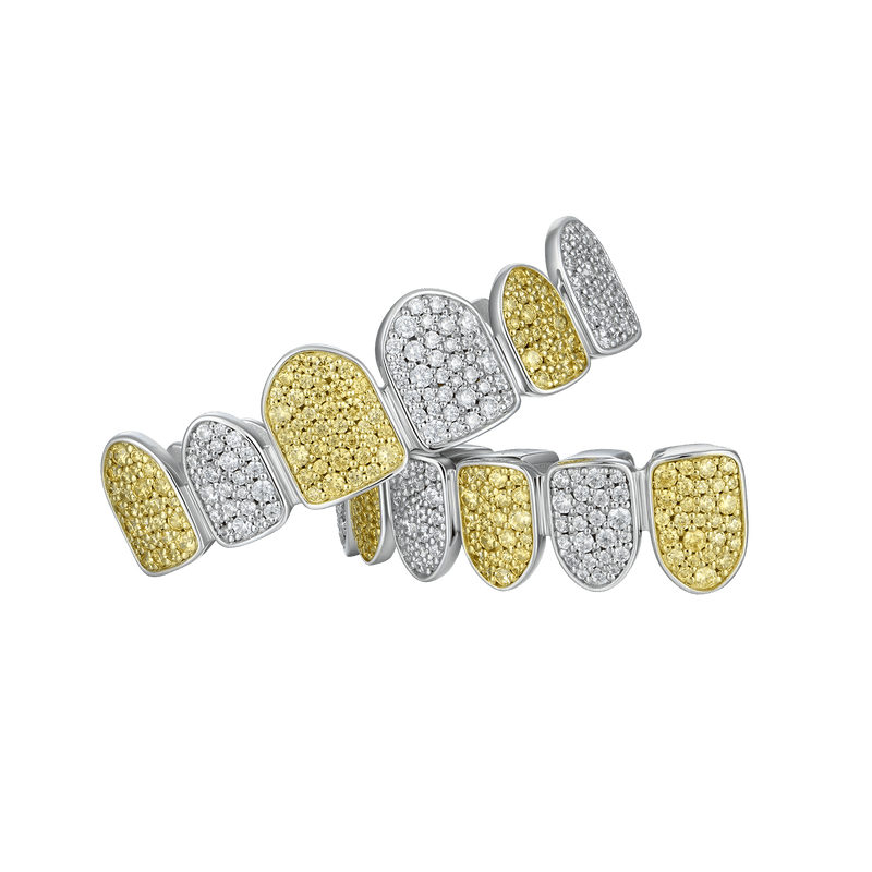 Grillz en diamant de forme irrégulière bicolore à six dents préfabriquées - Silver Teeth Grillz - APORRO
