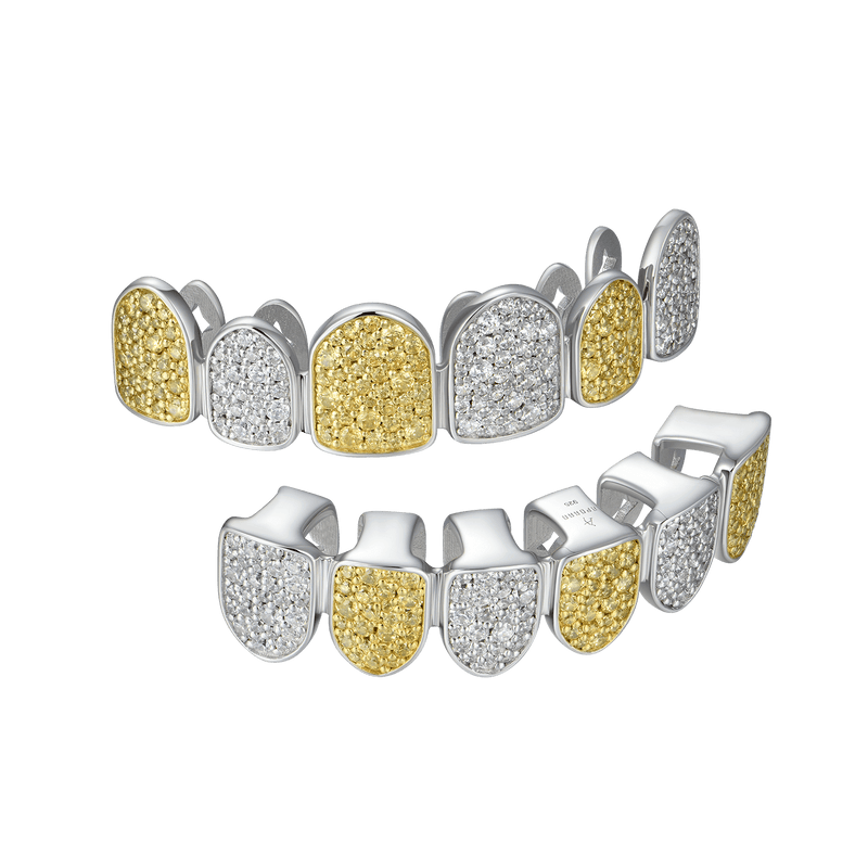 Grillz en diamant de forme irrégulière bicolore à six dents préfabriquées - Silver Teeth Grillz - APORRO