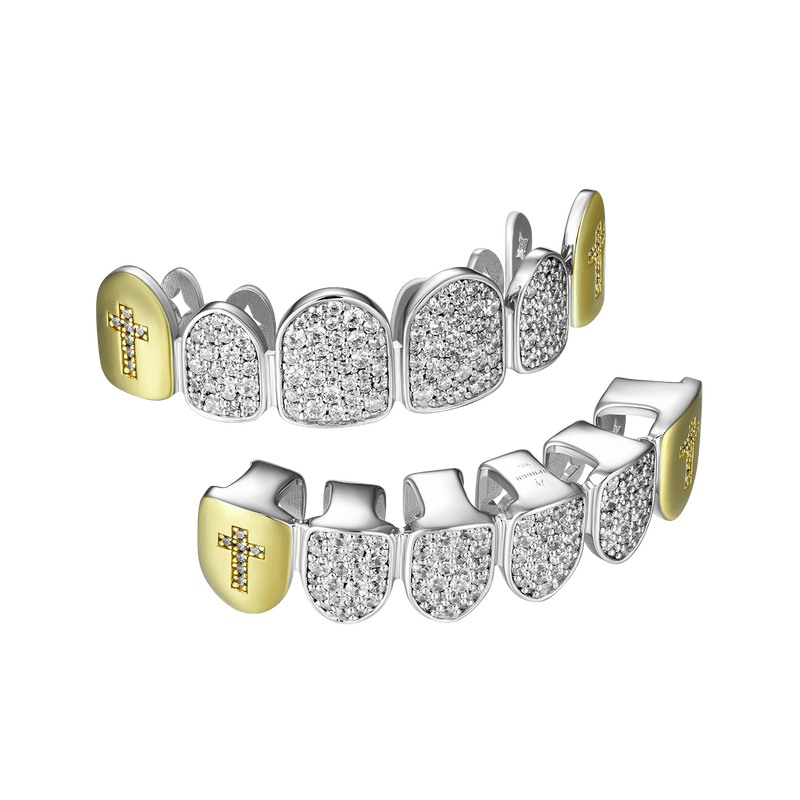 Croix de diamant de forme irrégulière bicolore à six dents préfabriquées Grillz - Dents Grillz - APORRO