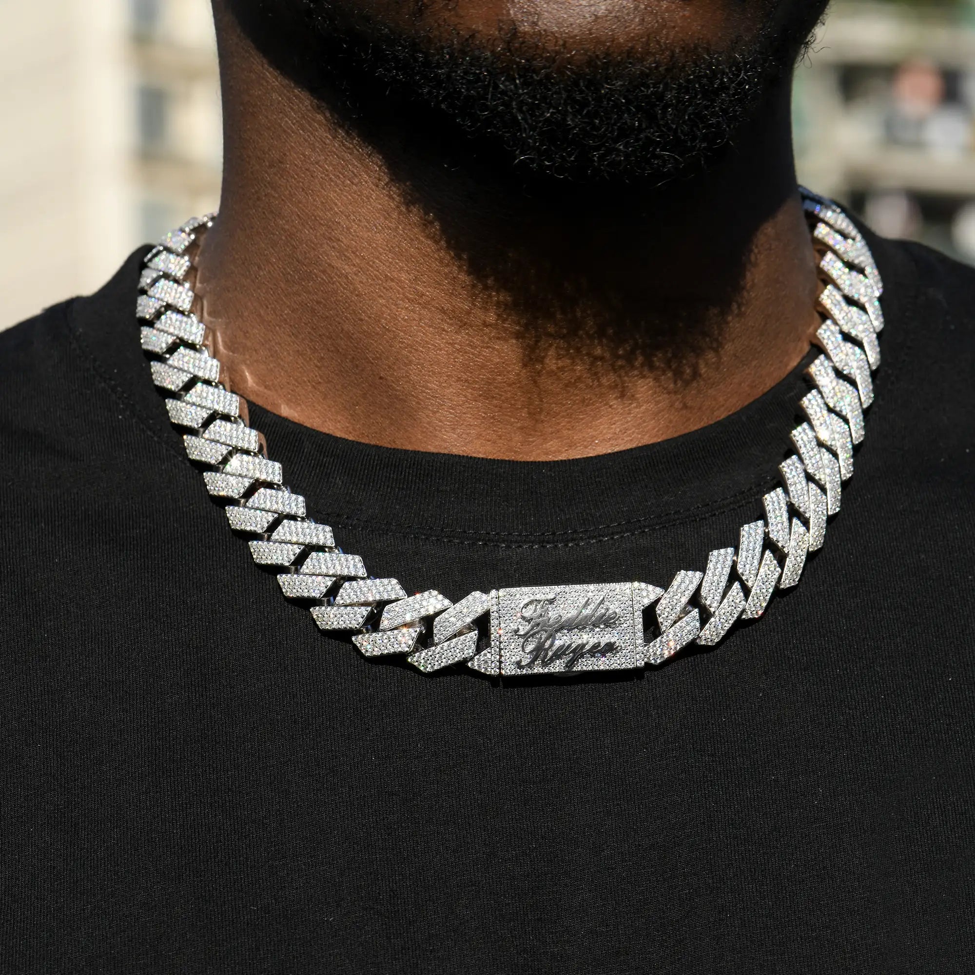 Custom Round Cut Prong Cuban Link Name Necklace Chain - White Gold