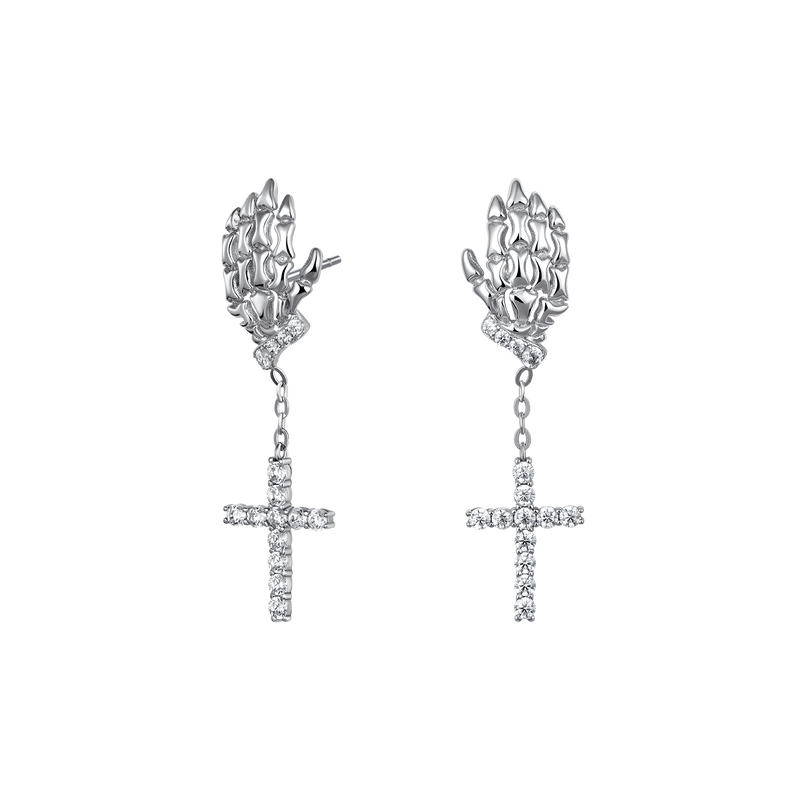 Cross Skeleton Hand Earring - Men's dangly silver earring - APORRO