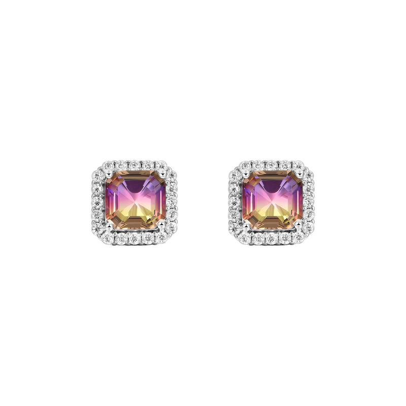 Silver Emerald-Cut Gradient Tourmaline Halo Stud Earring - APORRO