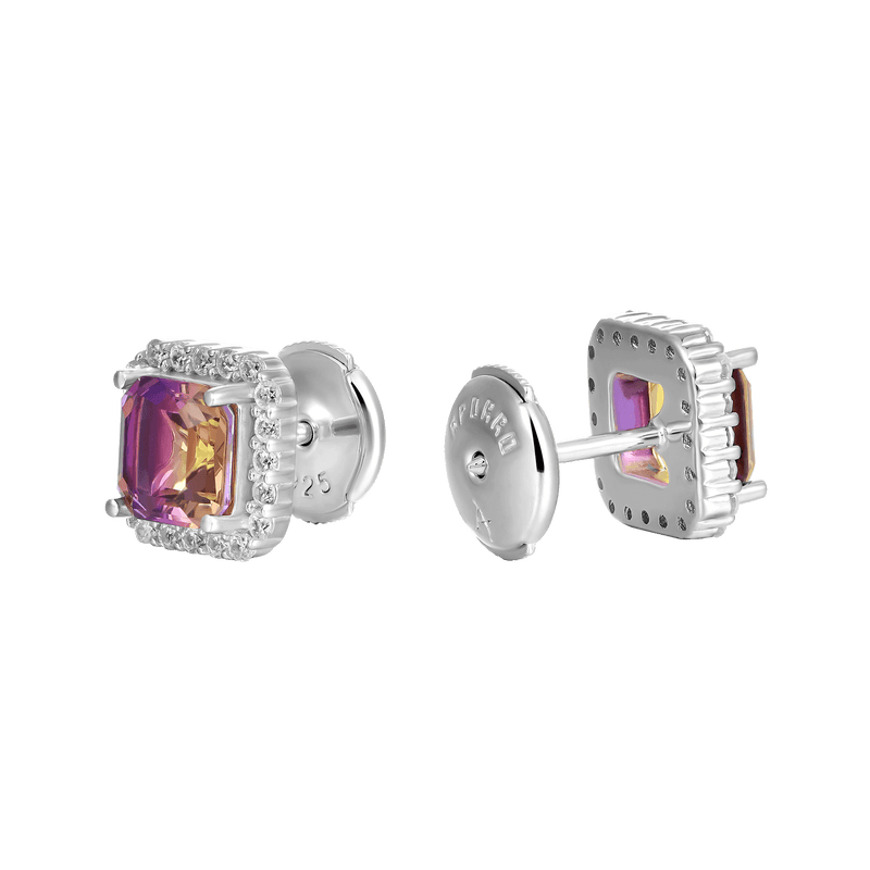 Silver Emerald-Cut Gradient Tourmaline Halo Stud Earring - APORRO