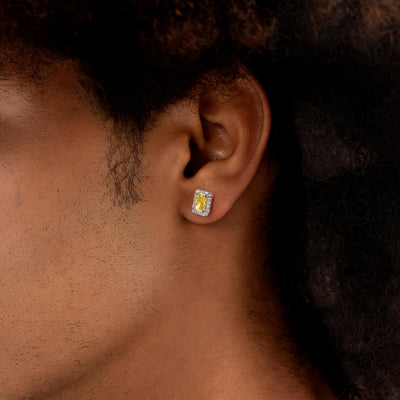 S925 Crushed Ice Emerald Cut Stud Earring - Fancy Yellow