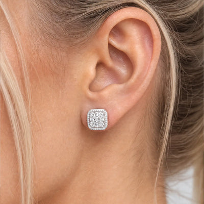 S925 Octagon Baguette Mix Halo Stud Earrings - Pair
