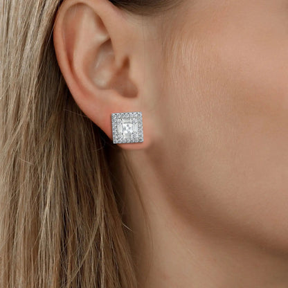 Women's Square Baguette Mix Halo Stud Earrings - Pair