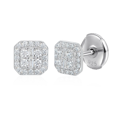 Single Octagon Baguette Mix Halo Stud Earrings
