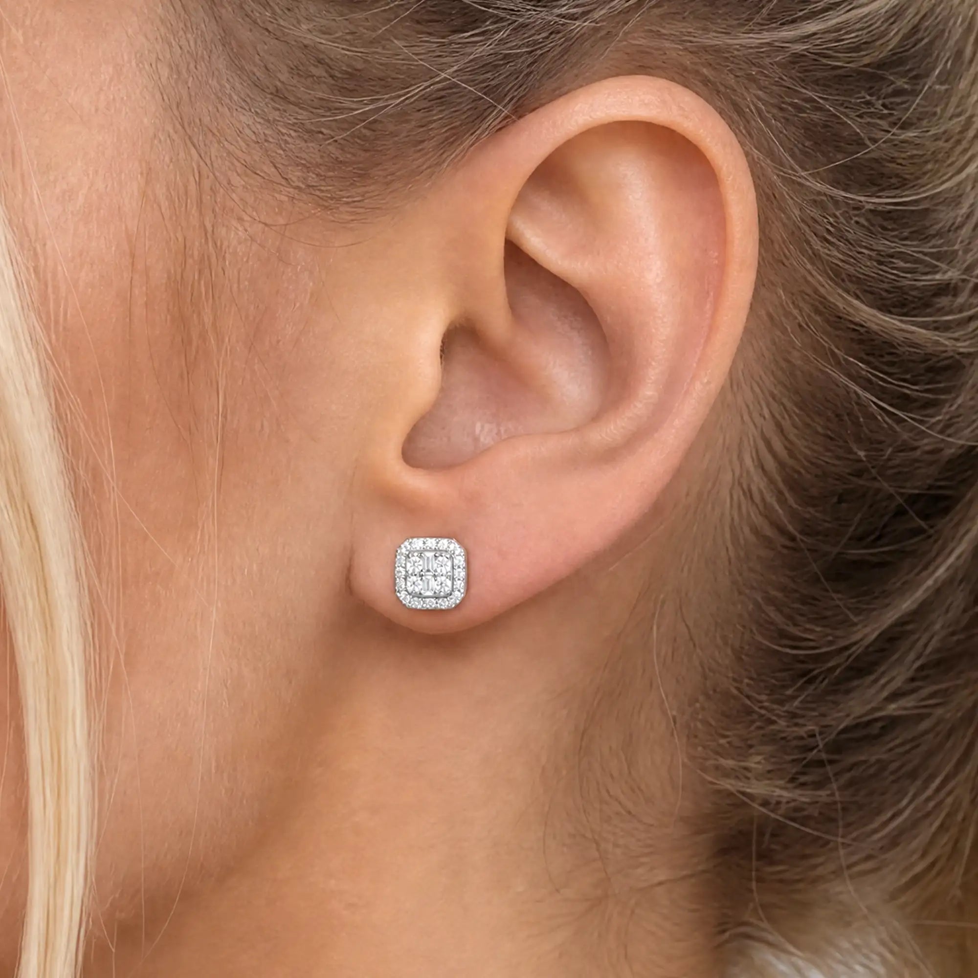 Boucles d'oreilles à tige octogonales Baguette Mix Halo S925 - Paire