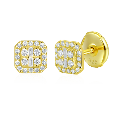 Single Octagon Baguette Mix Halo Stud Earrings