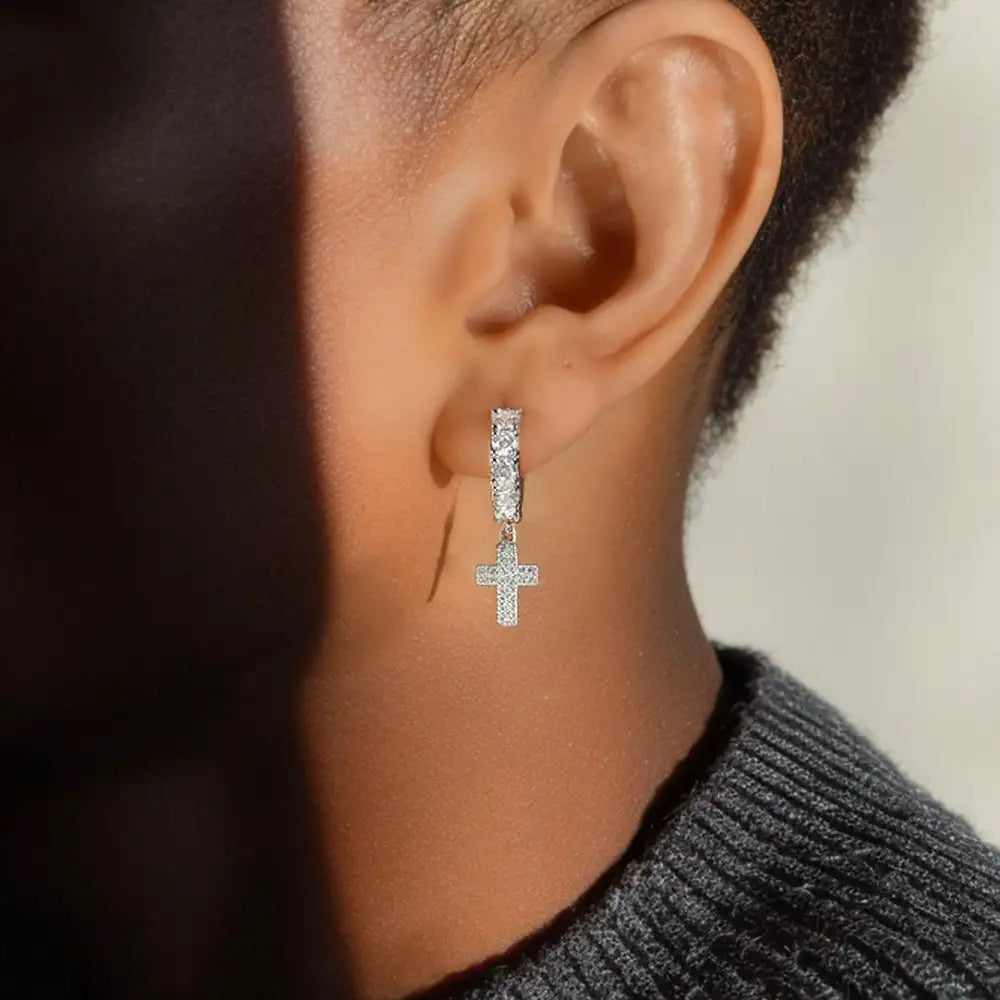 Moissanite Cross Dangly & Classic Hoop Earring Set