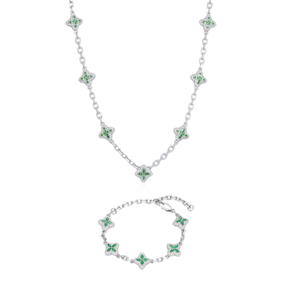 Iced Luminous Clover Verstellbare Kette & Armbandset – Grüner Diamant