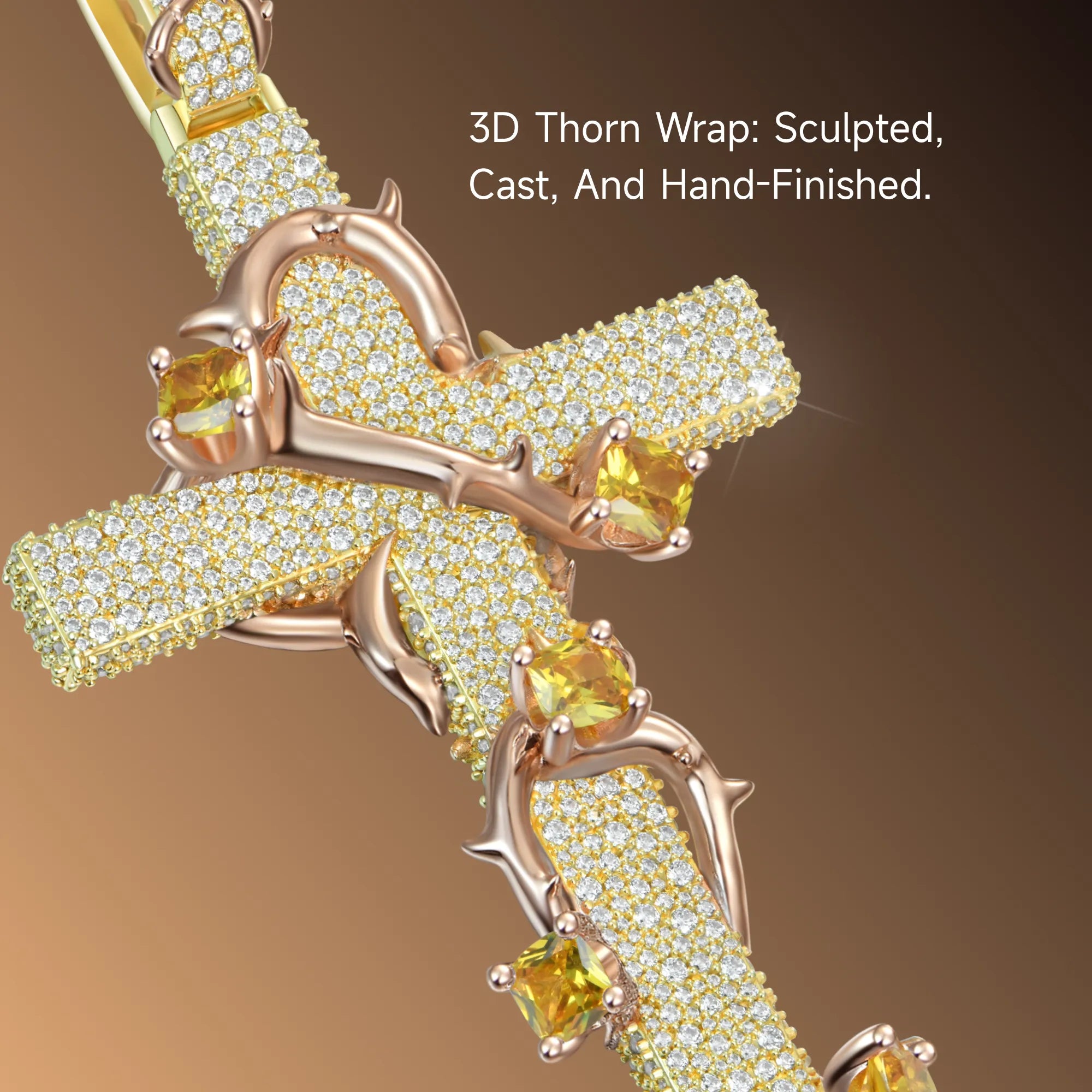 Pave Set Thorned Rose Cross Pendant