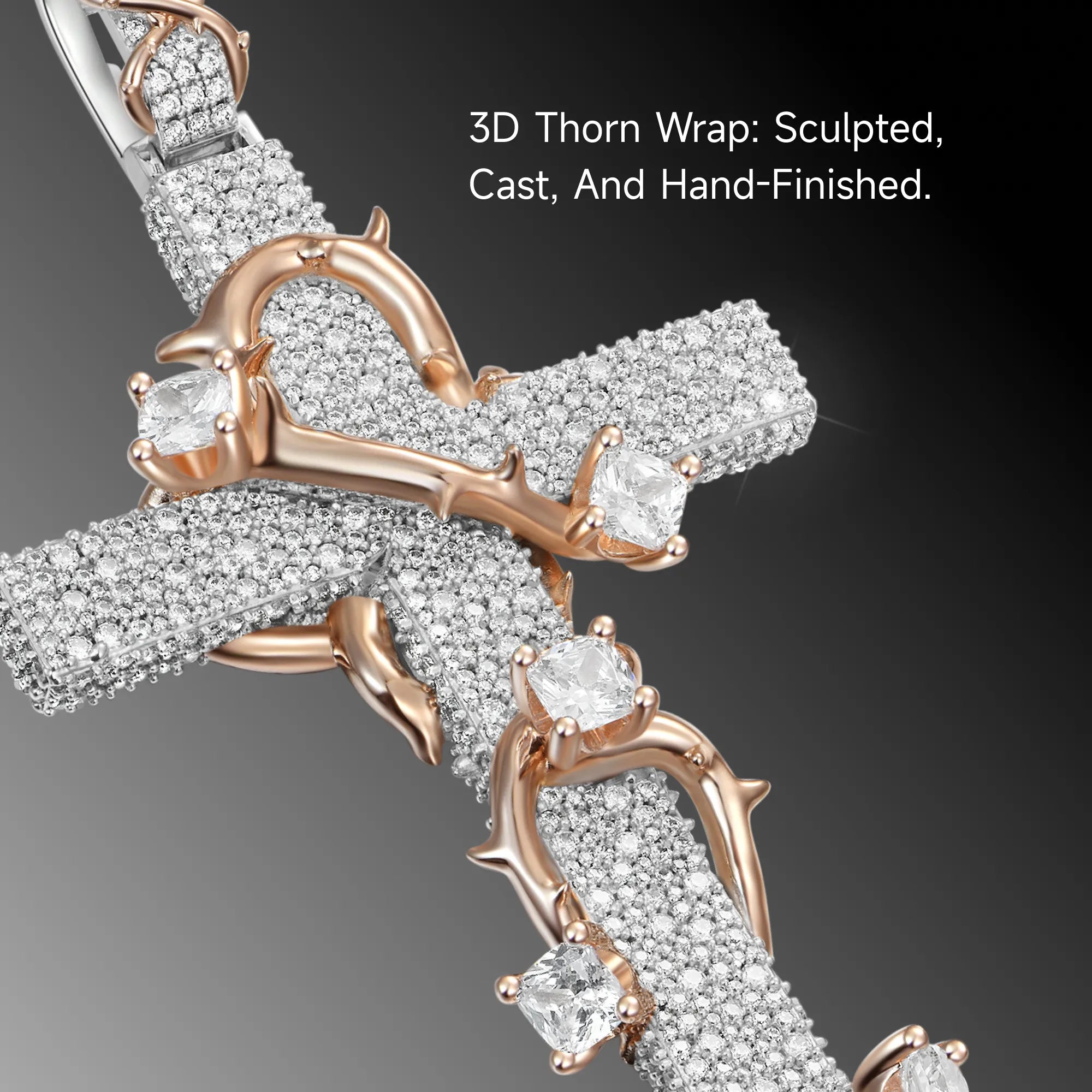 Pave Set Thorned Rose Cross Pendant