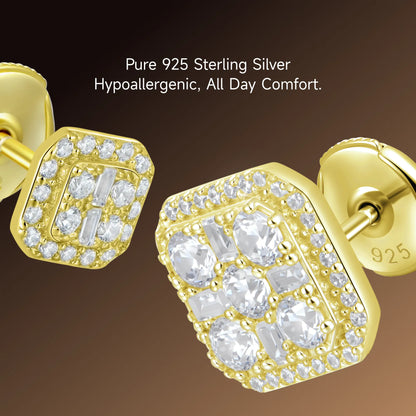Octagon Baguette Mix Halo Stud Earrings - Pair