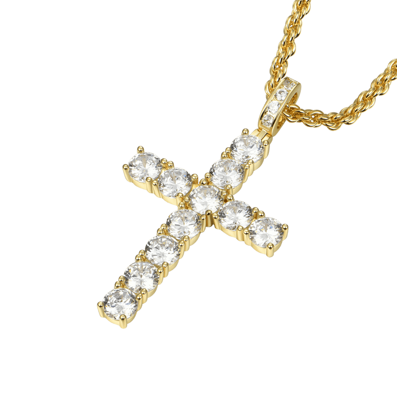 Kleines Iced Out Tenniskreuz aus 14 Karat Gold – Religiöse Juwelen - APORRO