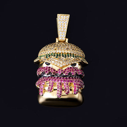 Pendentif Monstre Hamburger en Or 14K Iced