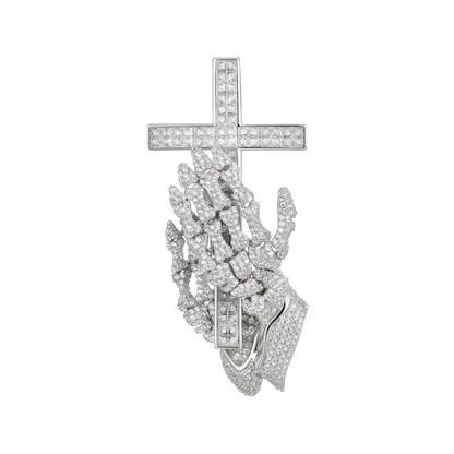 Praying Skeleton Hands Cross Pendant