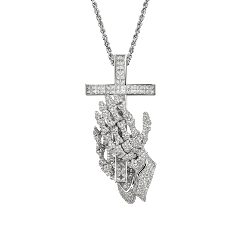 Ciondolo con croce e mani scheletro preganti in argento sterling 925 - APORRO