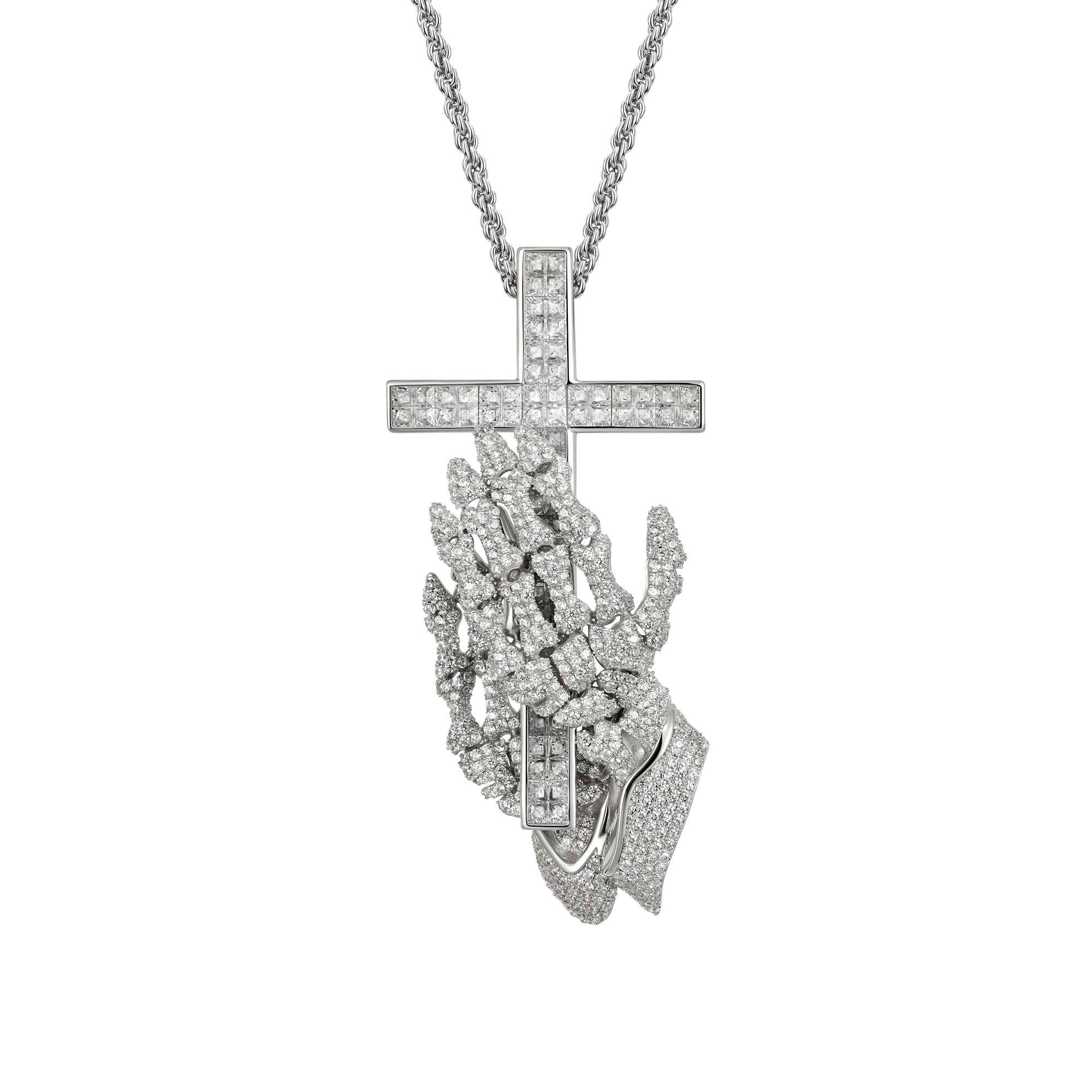 Praying Skeleton Hands Cross Pendant