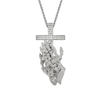 Praying Skeleton Hands Cross Pendant