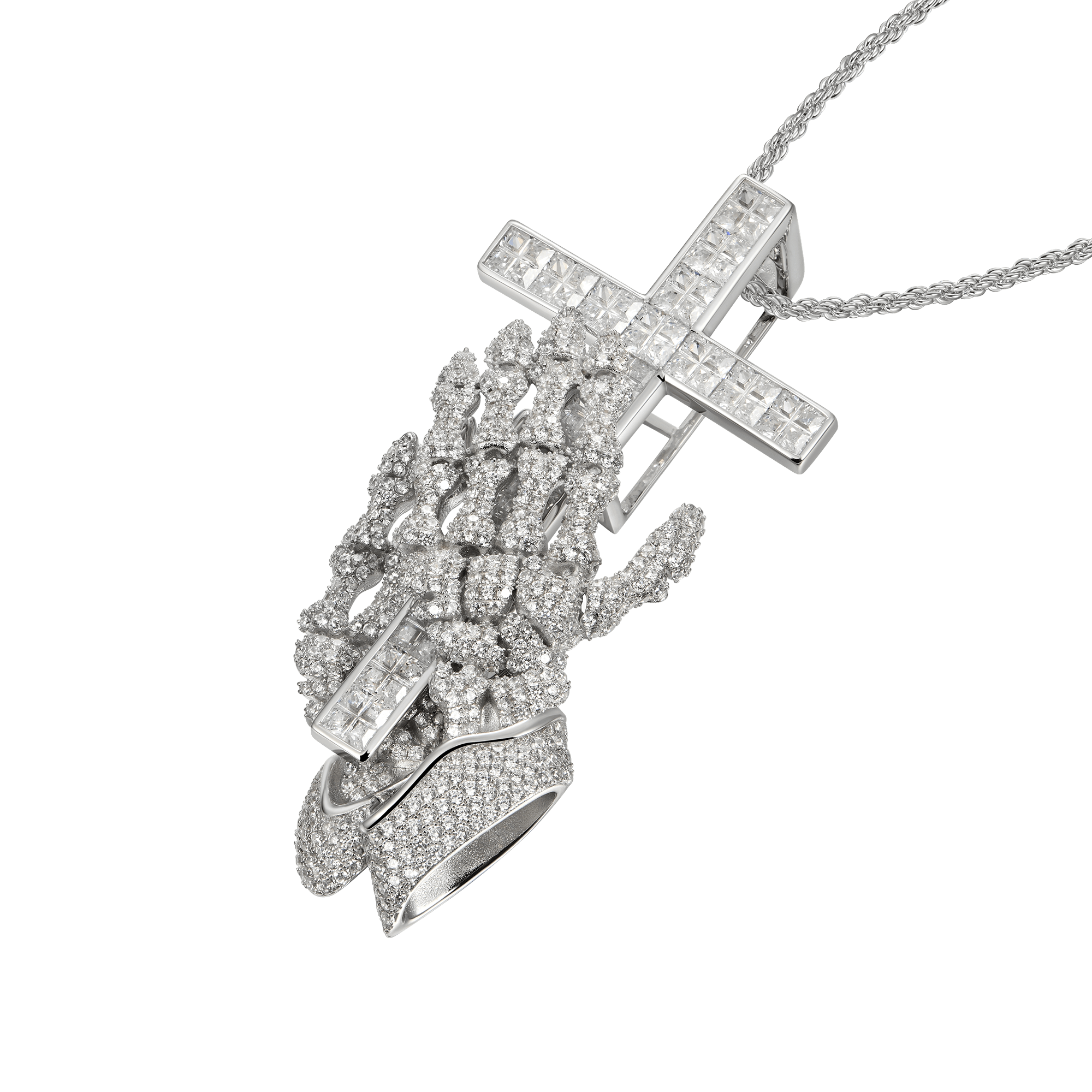 Praying Skeleton Hands Cross Pendant