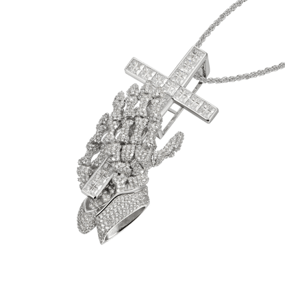 Praying Skeleton Hands Cross Pendant