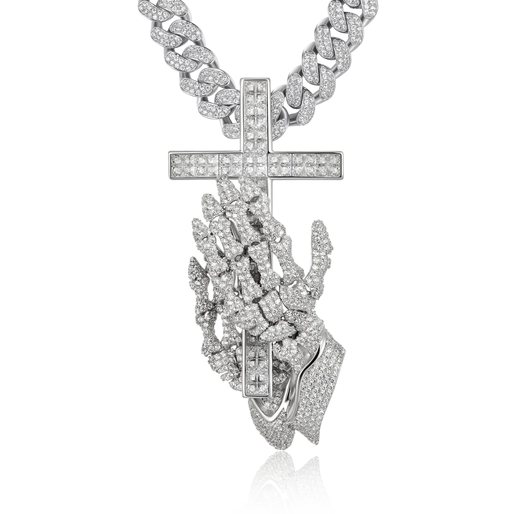 Praying Skeleton Hands Cross Pendant