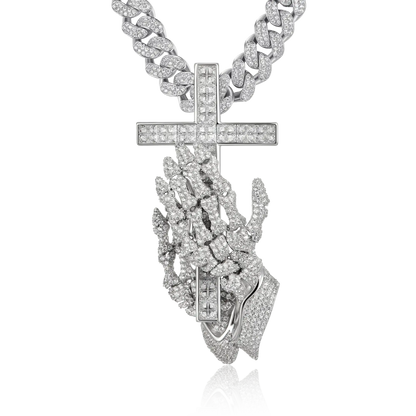 Praying Skeleton Hands Cross Pendant