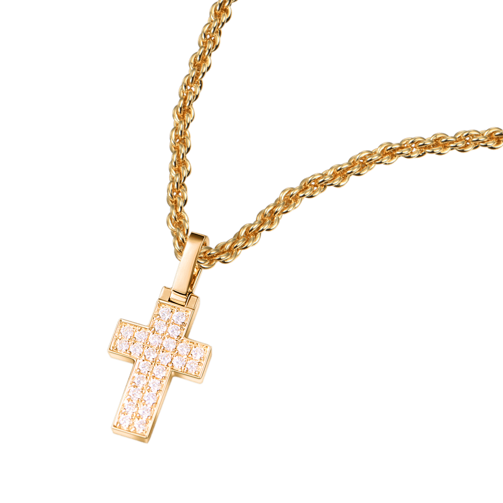 18K Solid Gold Diamond Cross Pendant - Micro