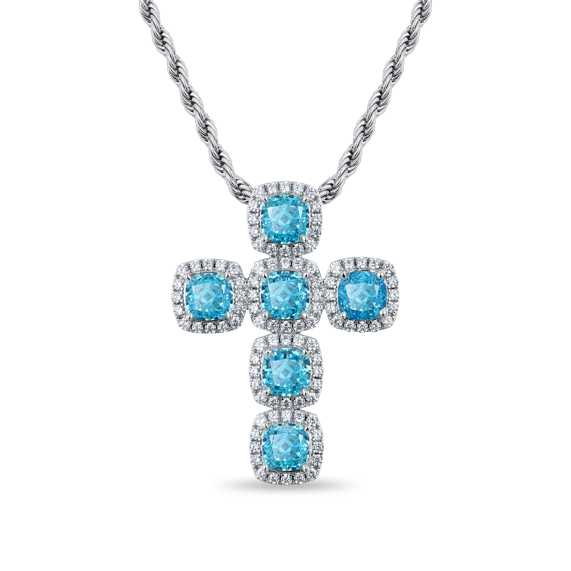 Radiant Cut Clustered Cross Pendant - Aquamarine