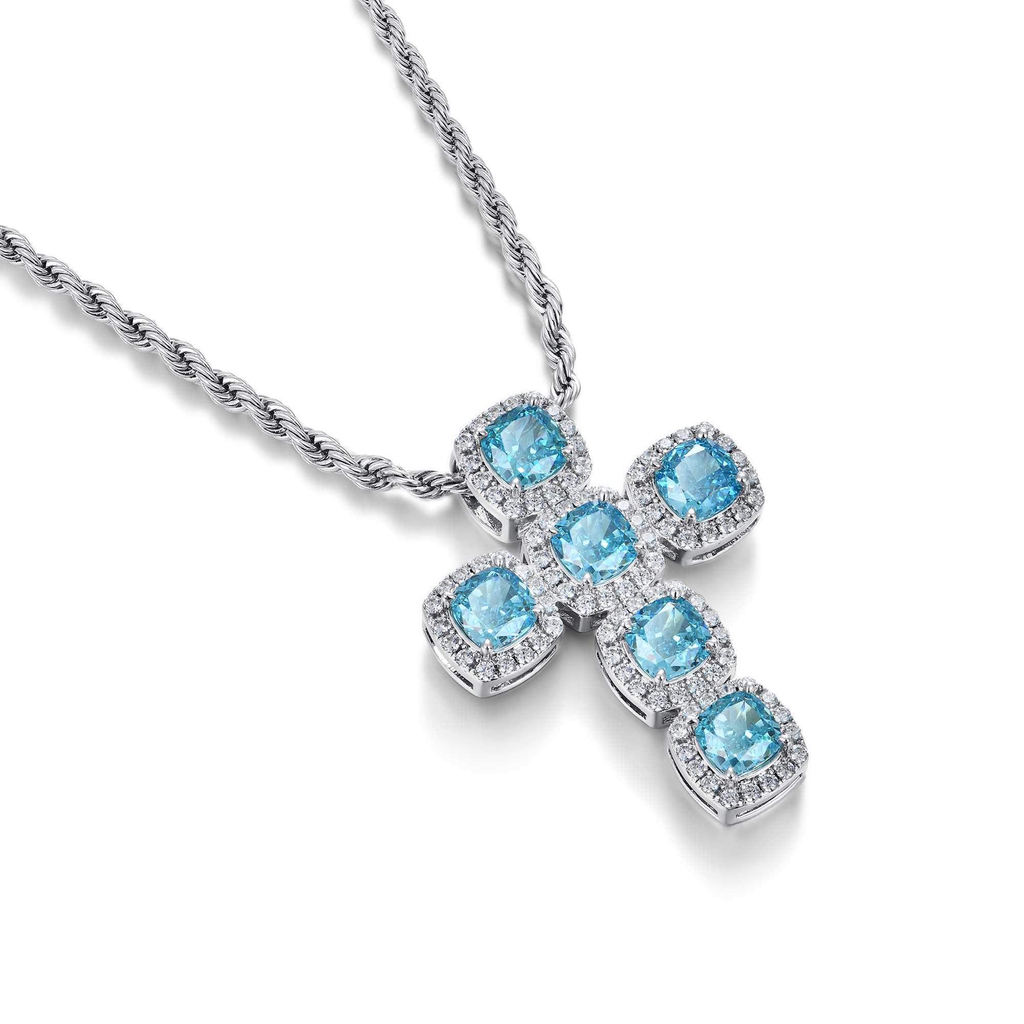 Radiant Cut Clustered Cross Pendant - Aquamarine