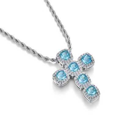 Radiant Cut Clustered Cross Pendant - Aquamarine