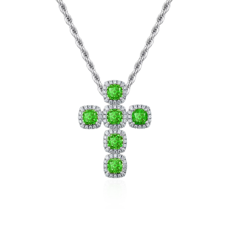 Radiant Cut Clustered Cross Pendant - Fancy Green - APORRO