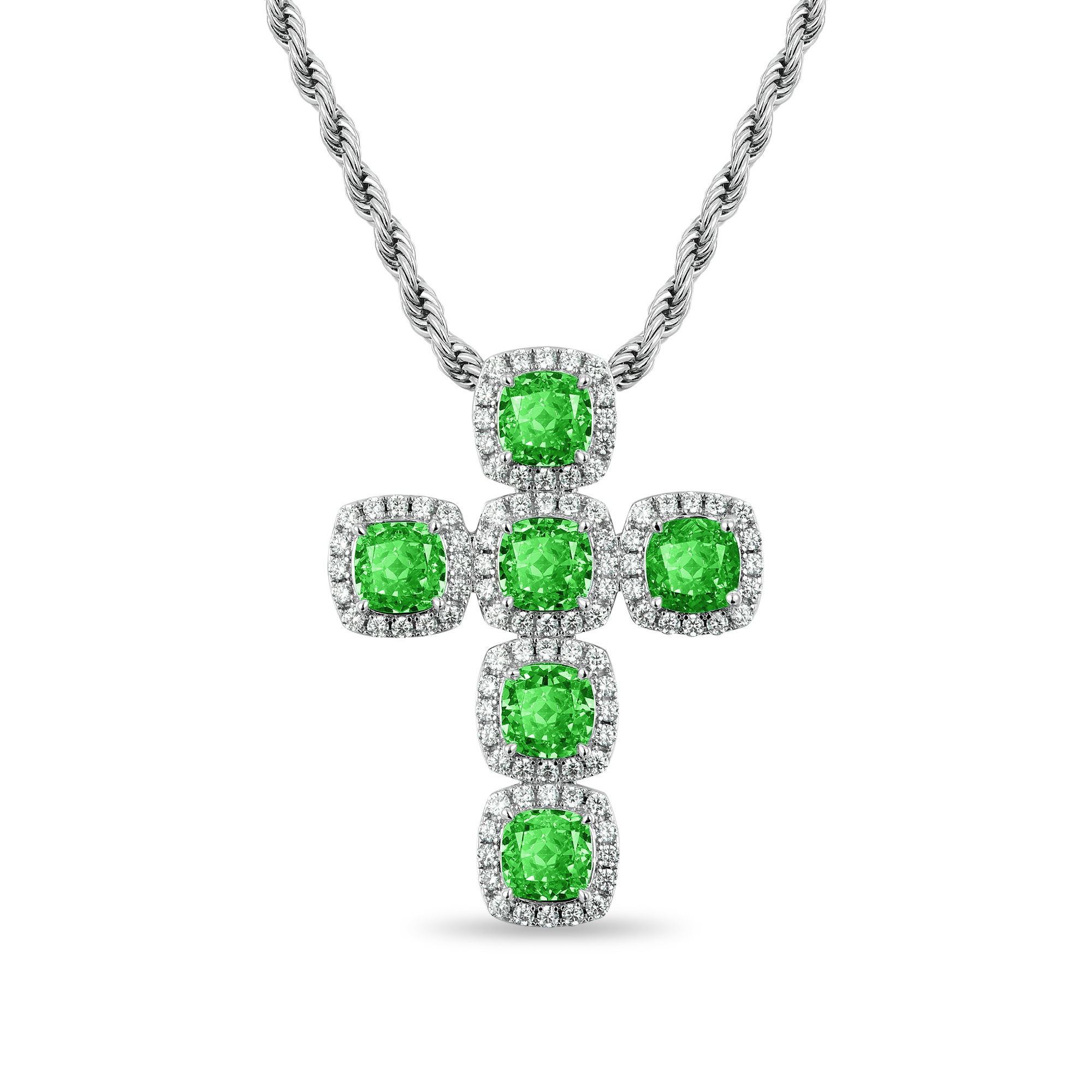 Radiant Cut Clustered Cross Pendant - Fancy Green