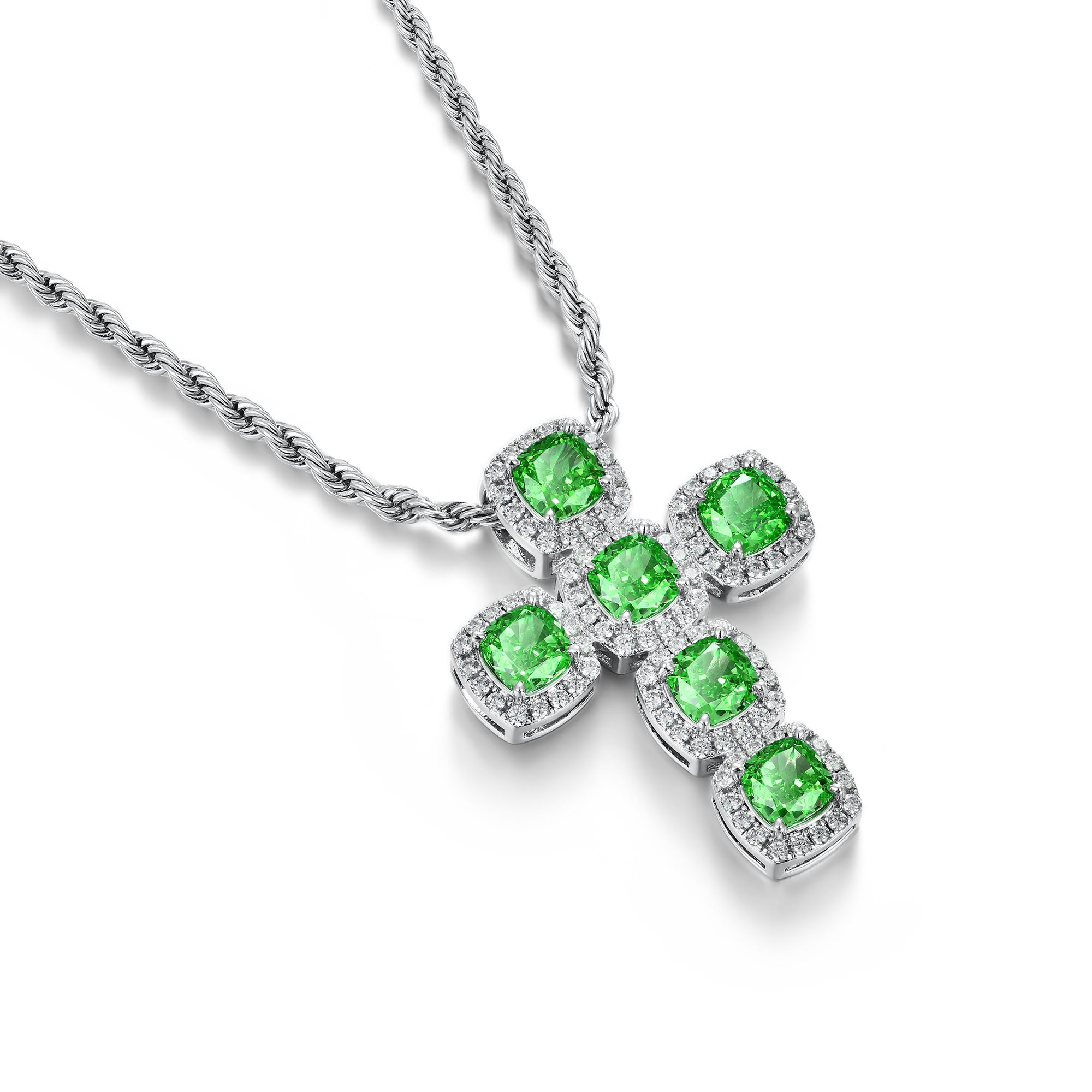 Radiant Cut Clustered Cross Pendant - Fancy Green