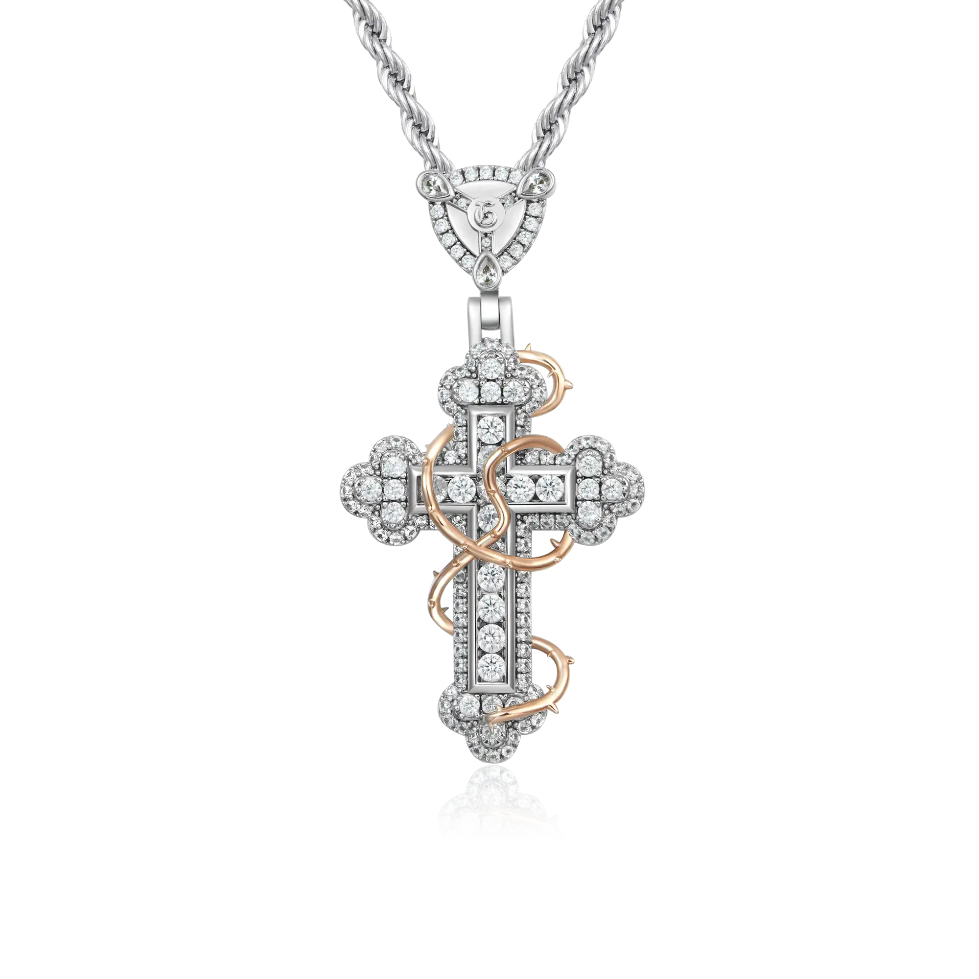 Moissanite Thorned Blossom Cross Pendant - Small