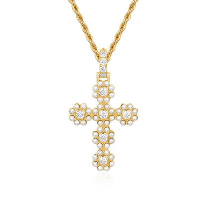 Moissanite Halo Pearl Brilliant Cross Pendant