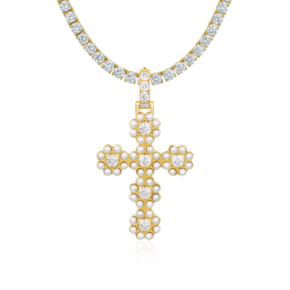 Moissanite Halo Pearl Brilliant Cross Pendant