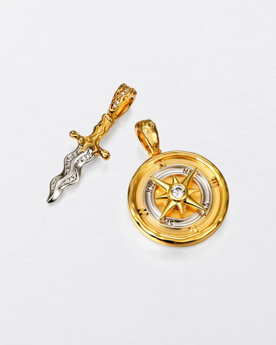22K Melted Dagger & Compass Pendant Set