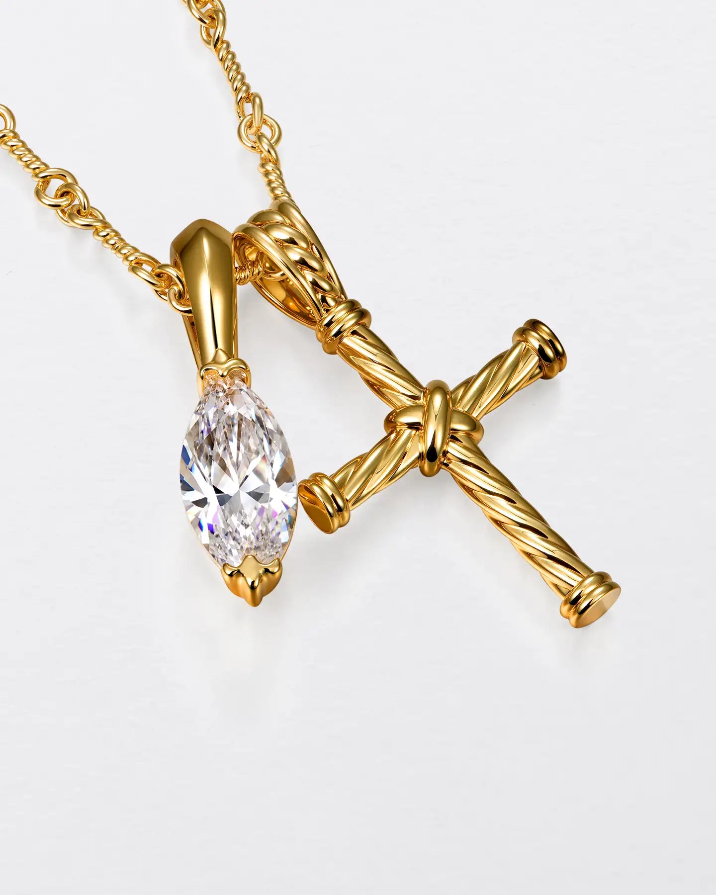 22K Marquise Cut & Twisted Cross Pendant Set