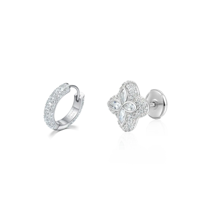 Juego de aretes de aro y trébol pavimentados S925