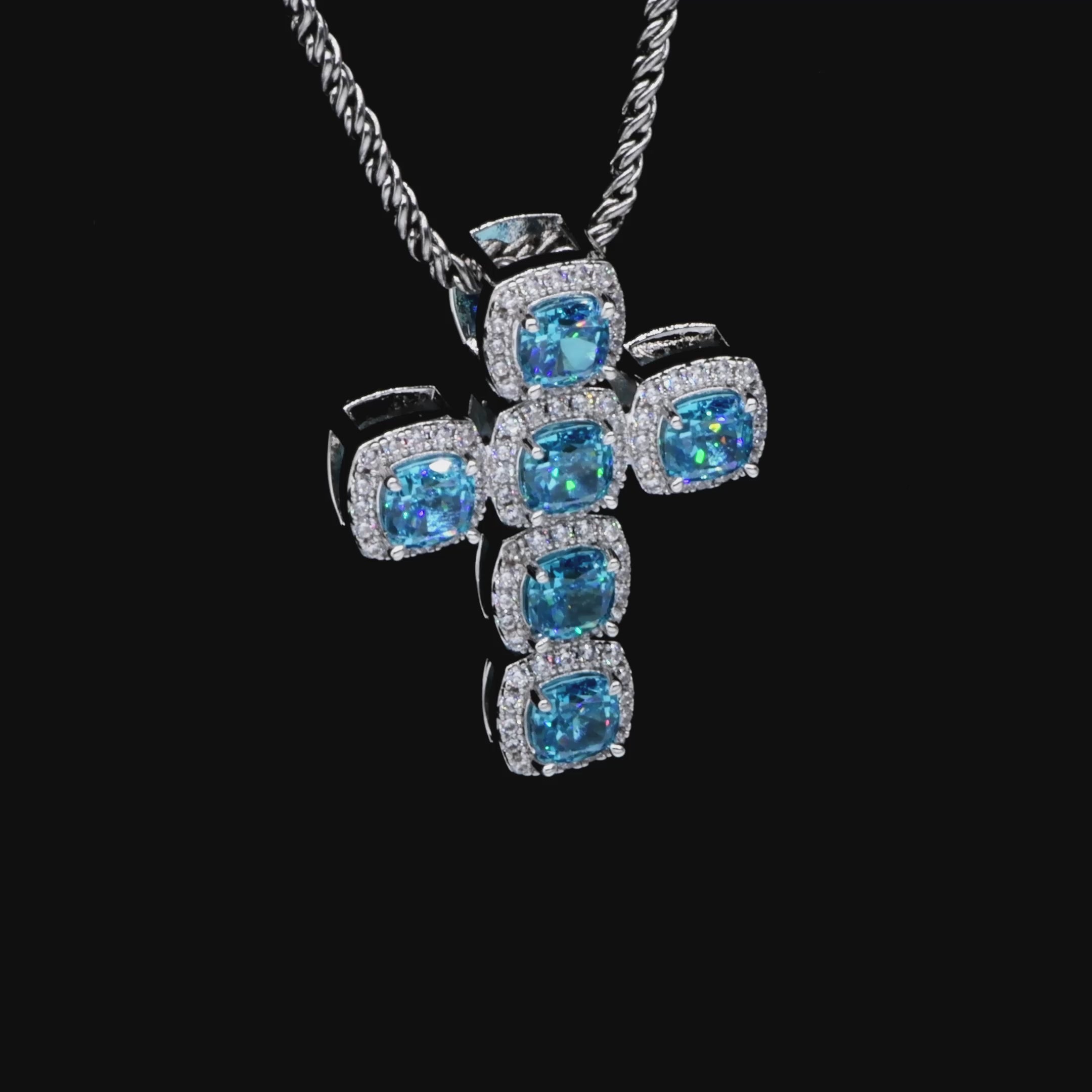 Radiant Cut Clustered Cross Pendant - Aquamarine