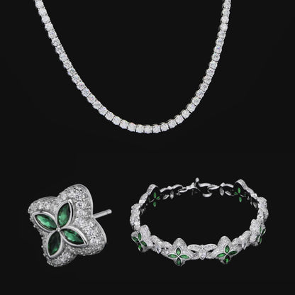 Tennis Chain & Clover Bracelet Earrings Set