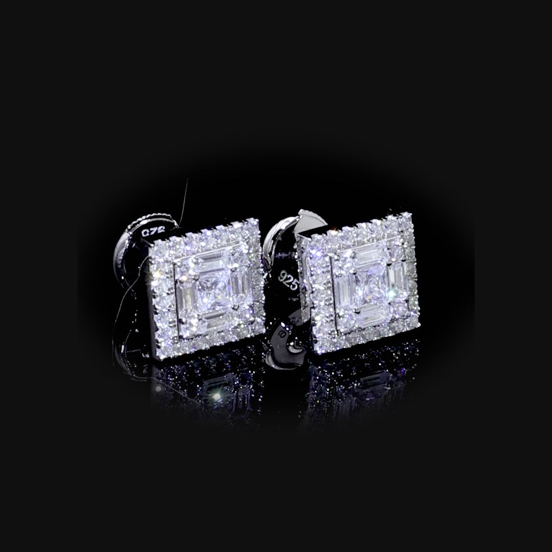 Women's Square Baguette Mix Halo Stud Earrings - Pair