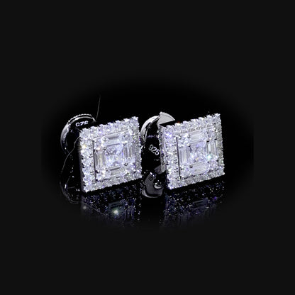 Square Baguette Mix Halo Stud Earrings - Pair