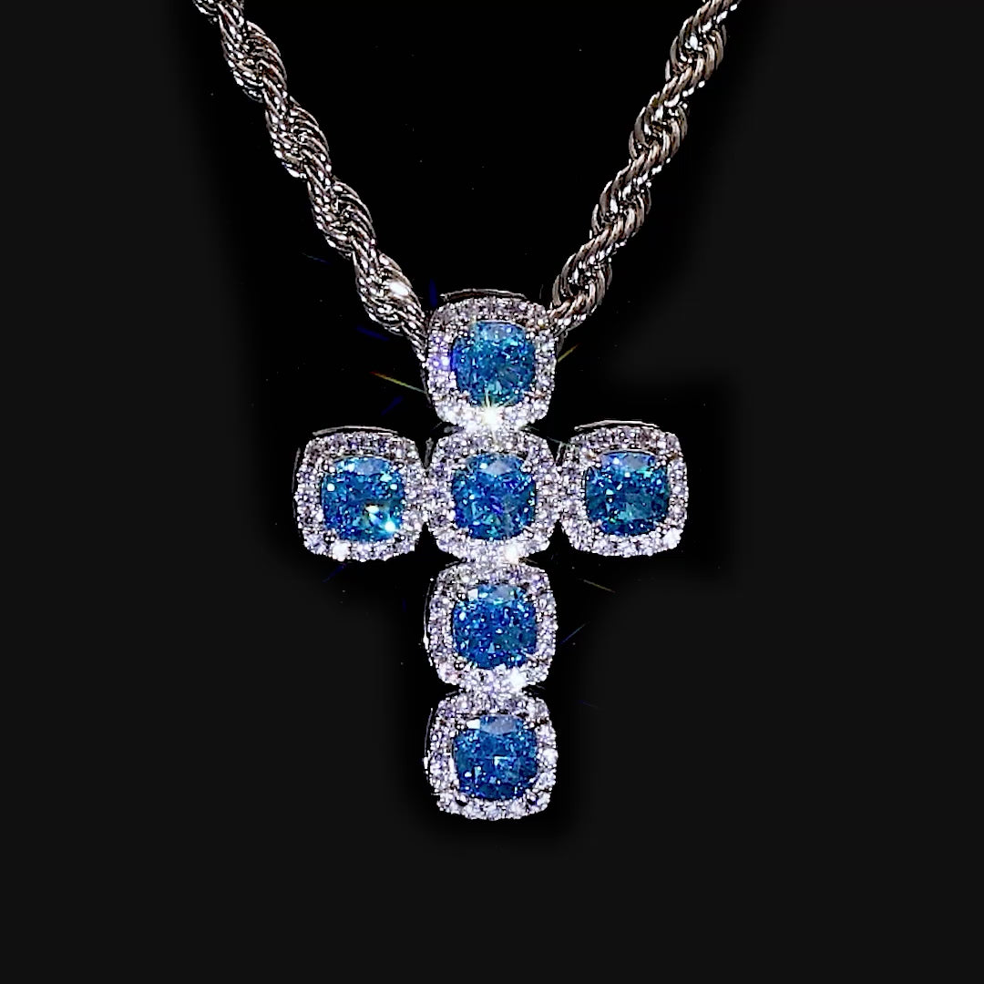 Radiant Cut Clustered Cross Pendant - Aquamarine