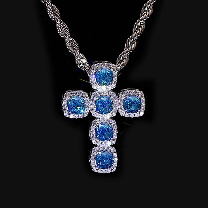 Radiant Cut Clustered Cross Pendant - Aquamarine