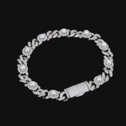 Moissanite Pearl Iced Cuban Bracelet - 8mm