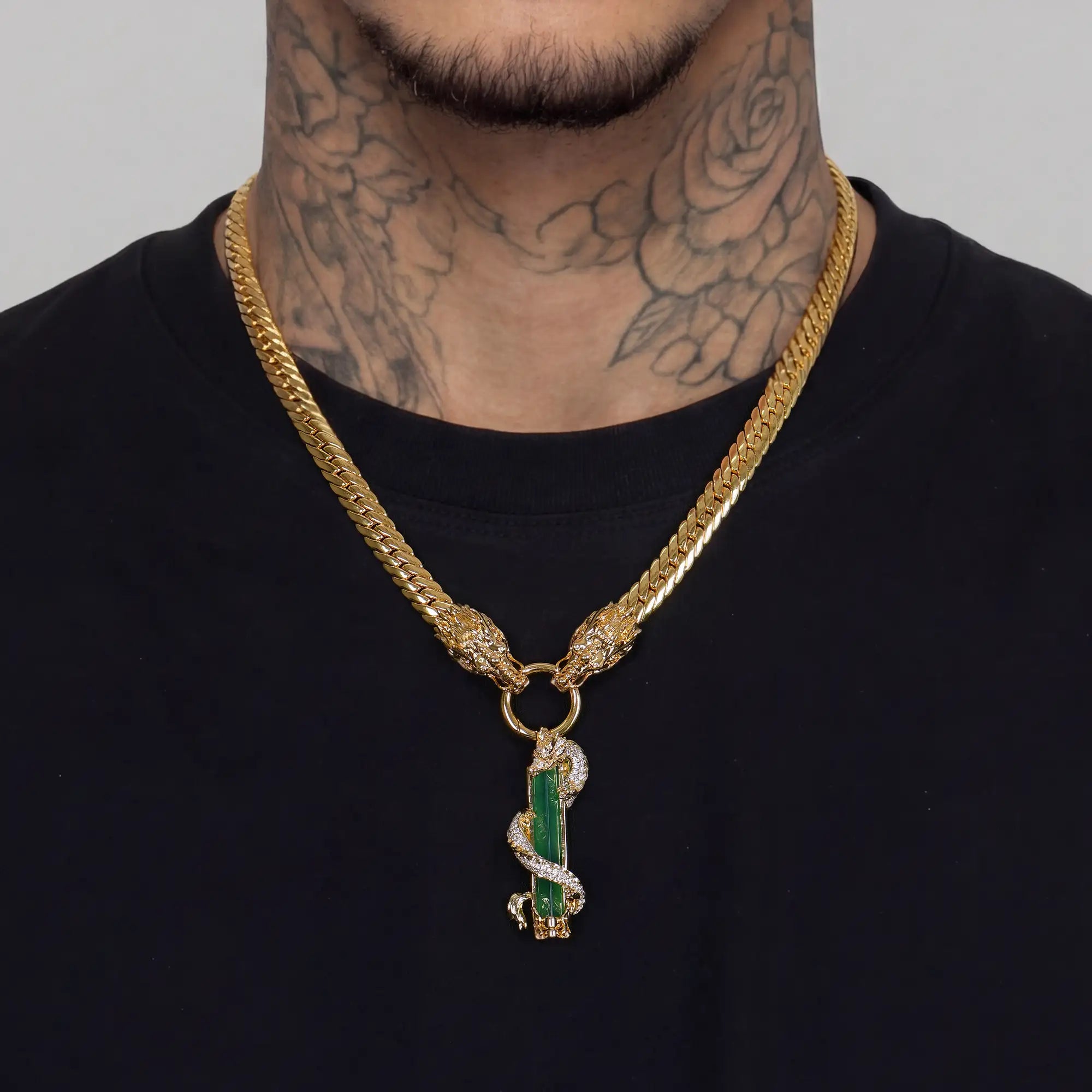 Conjunto de colgante de cadena cubana con pilar de jade y dragón WONG